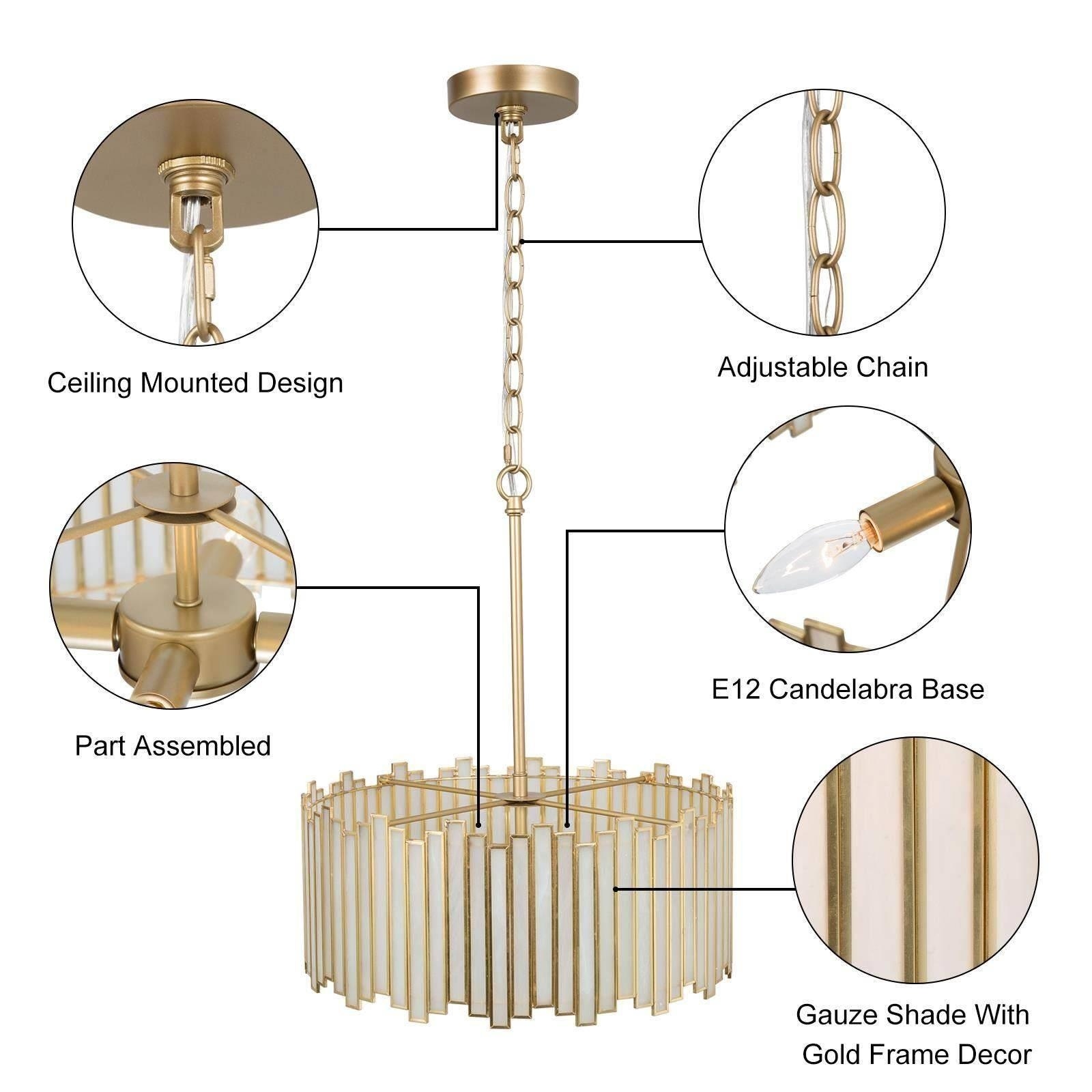 Tifany Modern Glam Gold 4-Light Drum Chandelier Glass Foyer Island Lights  for Dining Room 16