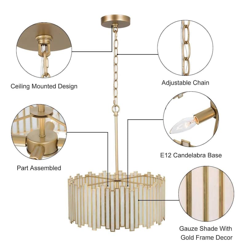 Tifany Modern Gold 4-Light Drum Chandelier Colored Glass Lights for Kitchen Island Bedroom