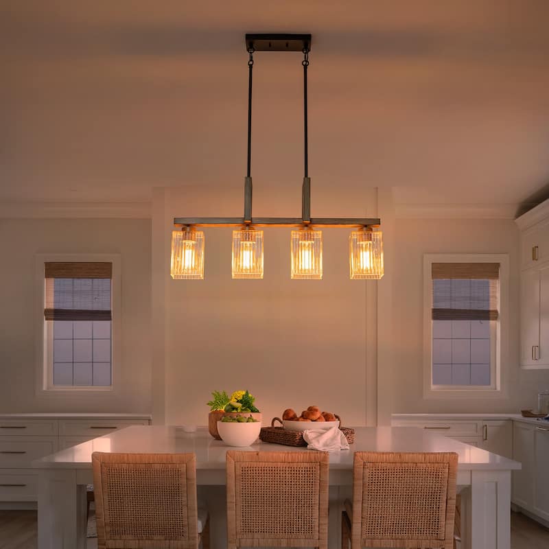 4-Light Faux Wood Linear Island Chandelier with Ribbed Glass Shades - Dia.30.51-in