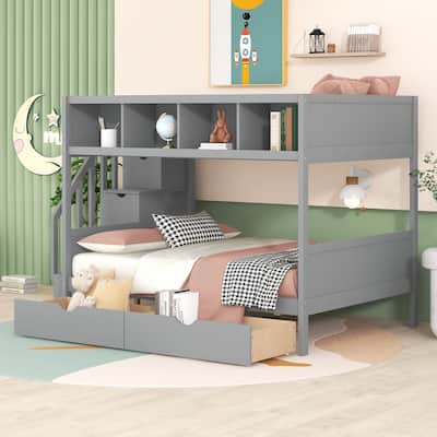 Gray Twin over Full Bunk Bed with Storage Staircase and Shelves