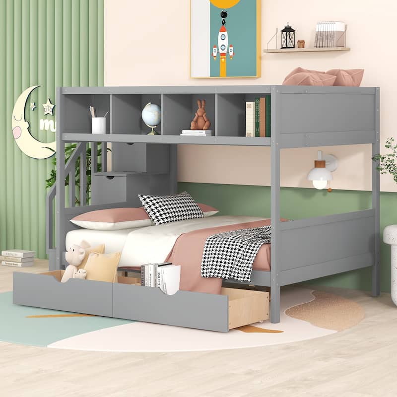 Twin Over Full Soild Wood Bunk Bed with Shelfs, Staircase, 2 Drawers