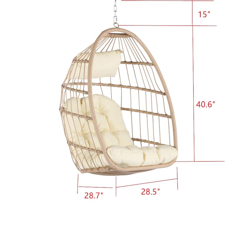 Outdoor Garden Rattan Egg Swing Chair Hanging Chair Wood+Red cushion