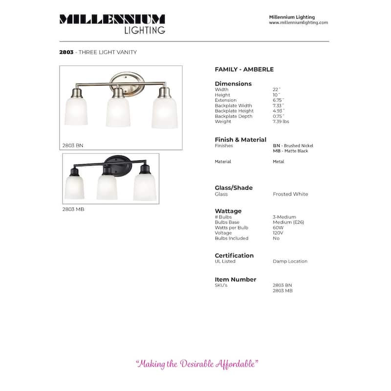 Millennium Lighting Amberle Brushed Nickel or Matte Black 3 Light Bathroom Vanity Fixture with Frosted White Shades - Matte Black