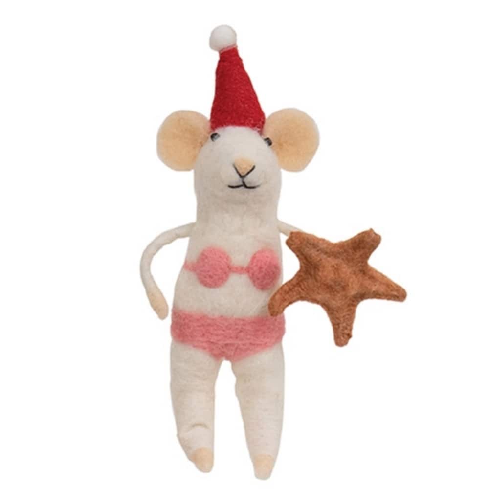 Felted Mouse Ornament in Pink Bikini with Santa Hat - 5.75” x 3.75”