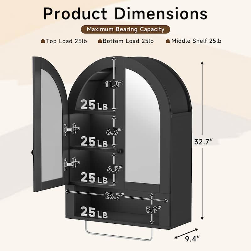 Wall Mounted Arched Cabinet with Mirrored Doors and Adjustable Shelves for Laundry Room, Bathroom, Kitchen