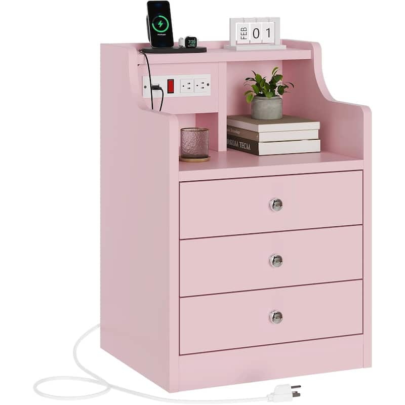 Small Nightstand 3 Drawers Charging Station End Side Table