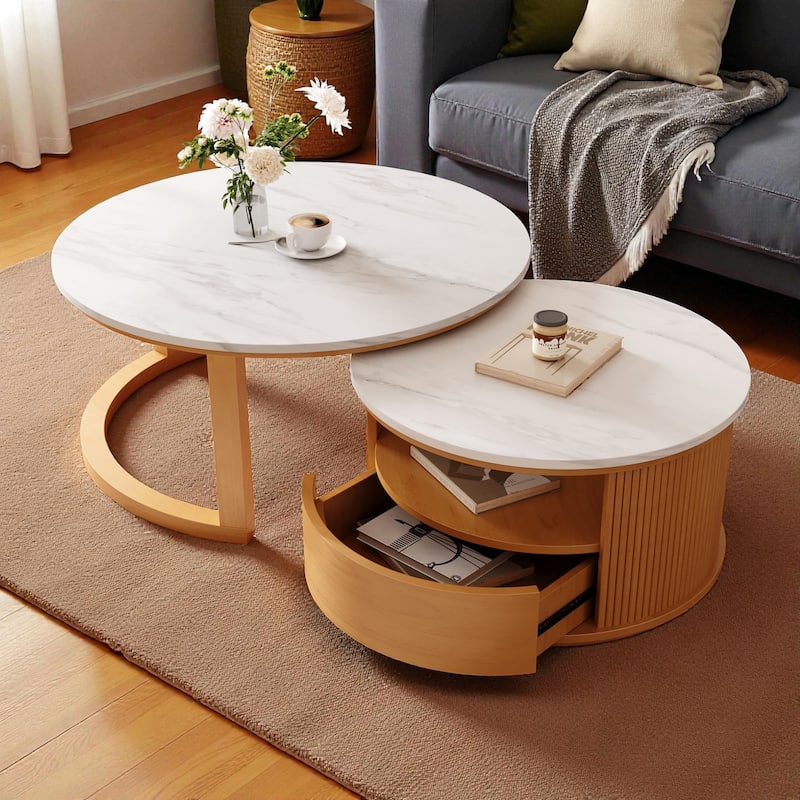 28.5'' Round Nesting Coffee Table Set with White Marble Top, 2-Tier Storage & 1 Drawer, Natural Wood Base - Natural