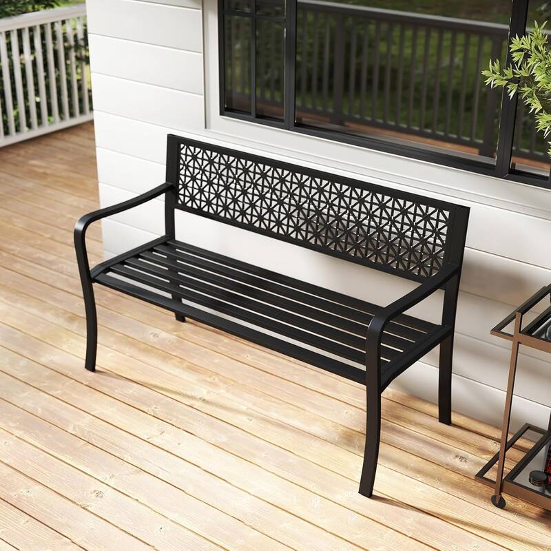 Metal Outdoor Bench Patio Bench with Geometric Backrest