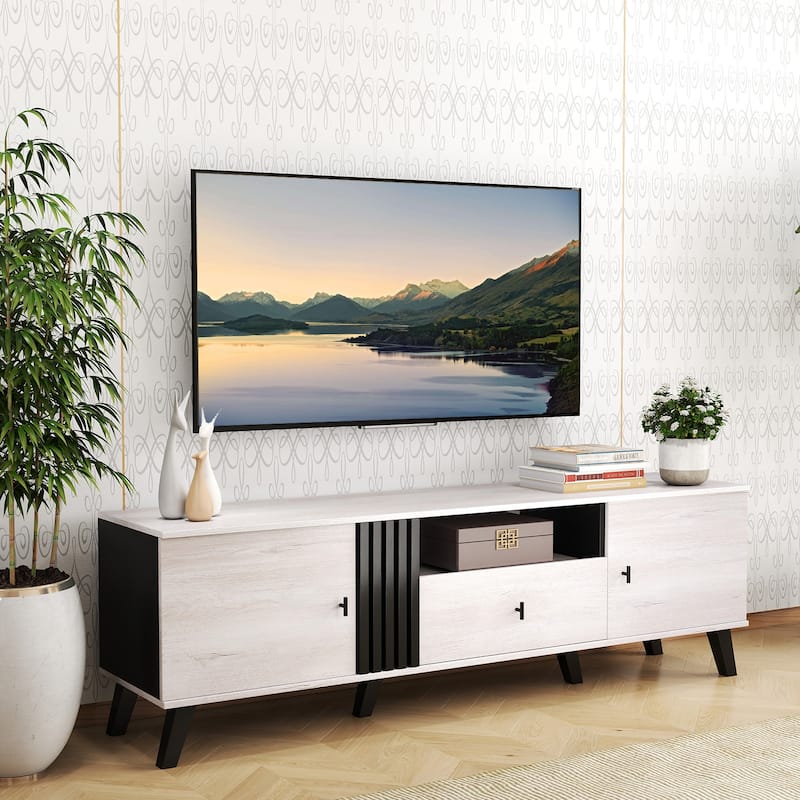 Modern Wooden TV Stand with Storage Cabinets and Drawer for TVs up to 80" Fluted Panel and Metal Hardware - 68" x 16" x 21"
