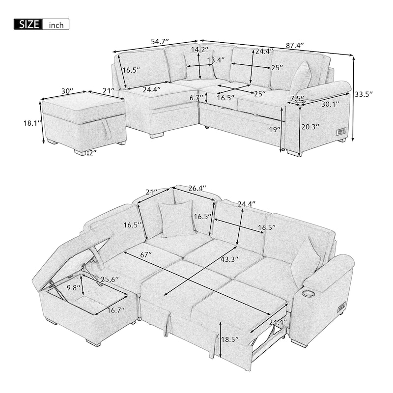 2-in-1 Pull-Out Sofa Bed L-Shaped Sofa with Storage Ottoman and USB
