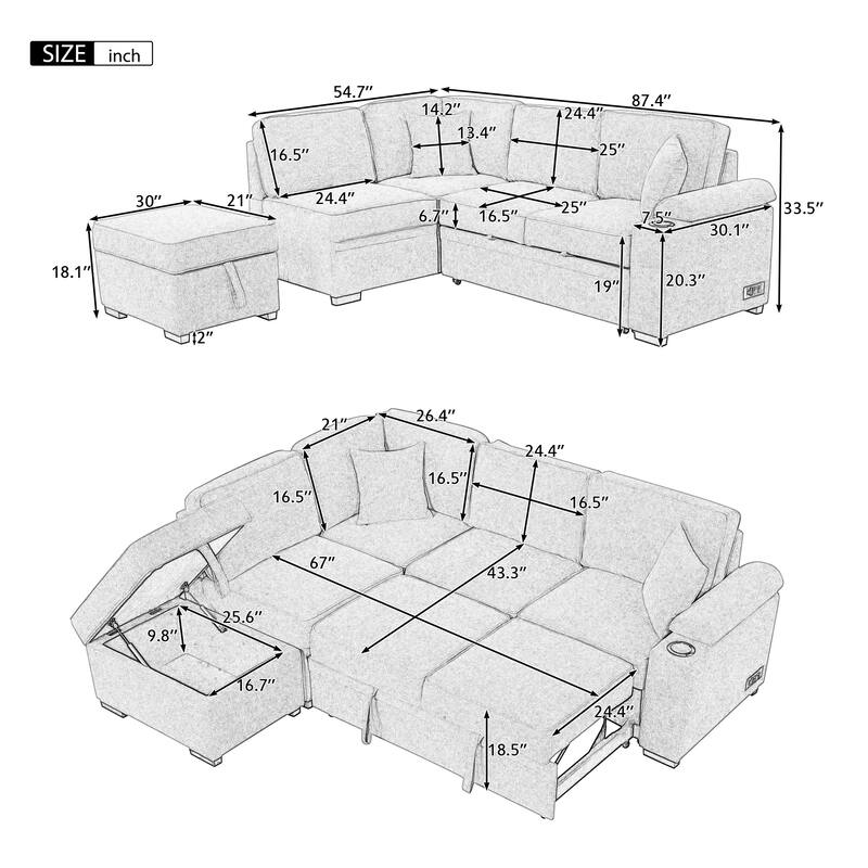 87.4" 2 in 1 Pull Out Sleeper Sofa Bed L Shape Couch with Storage Ottoman