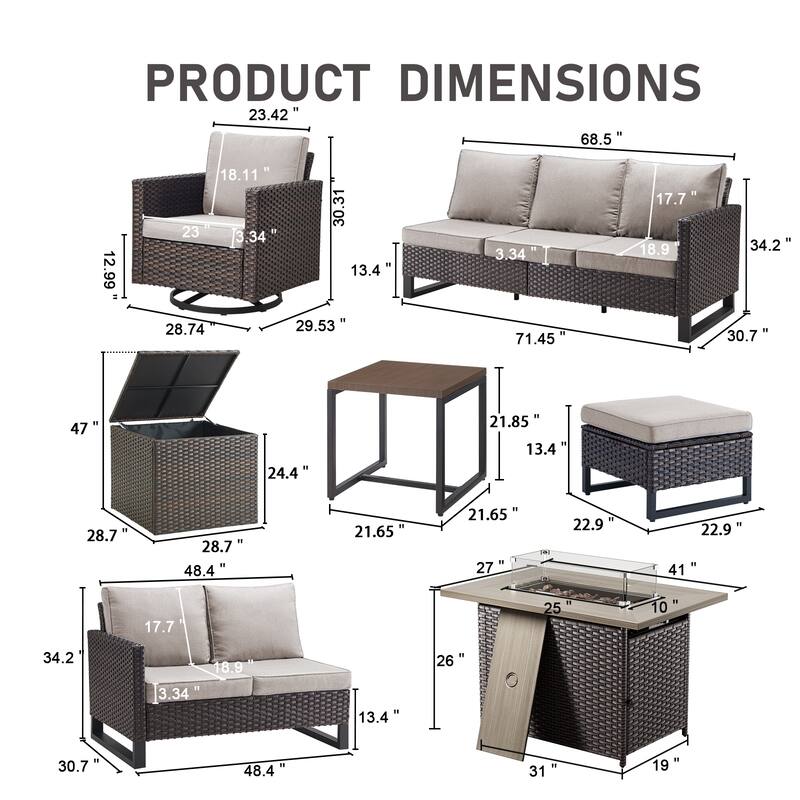 Gymojoy 6-8 Person All-Weather Wicker Outdoor Conversation Set Seating Group With Fire Pit Table
