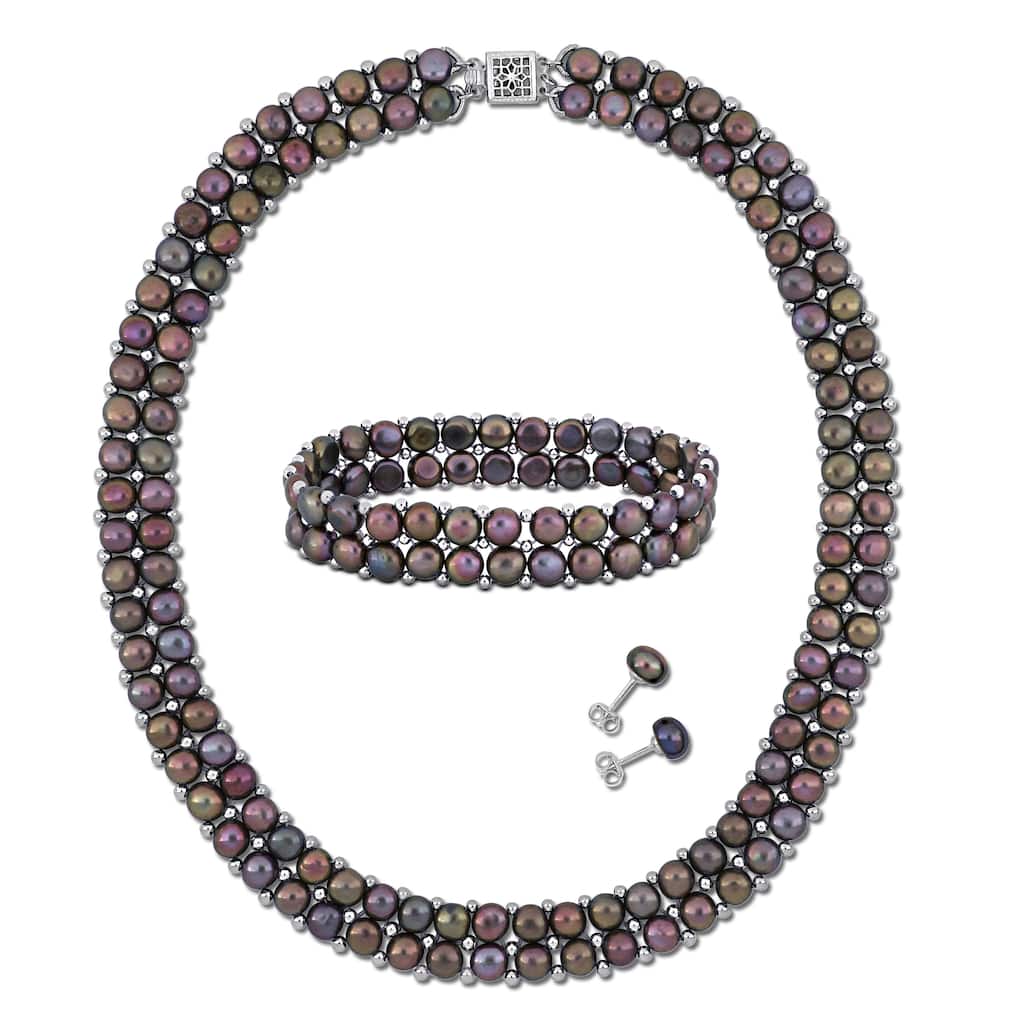 Miadora Black Cultured Freshwater Pearl Double Row Strand Jewelry Set Sterling Silver