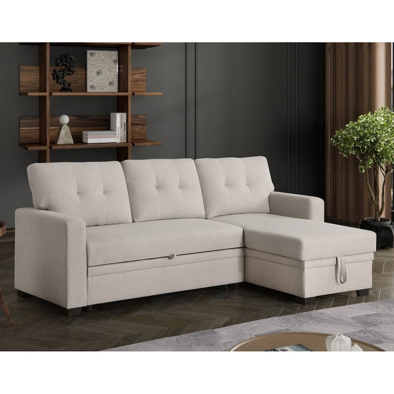Pull-out Upholstered Sectional Sofa with Storage Chaise & Removable Cushions