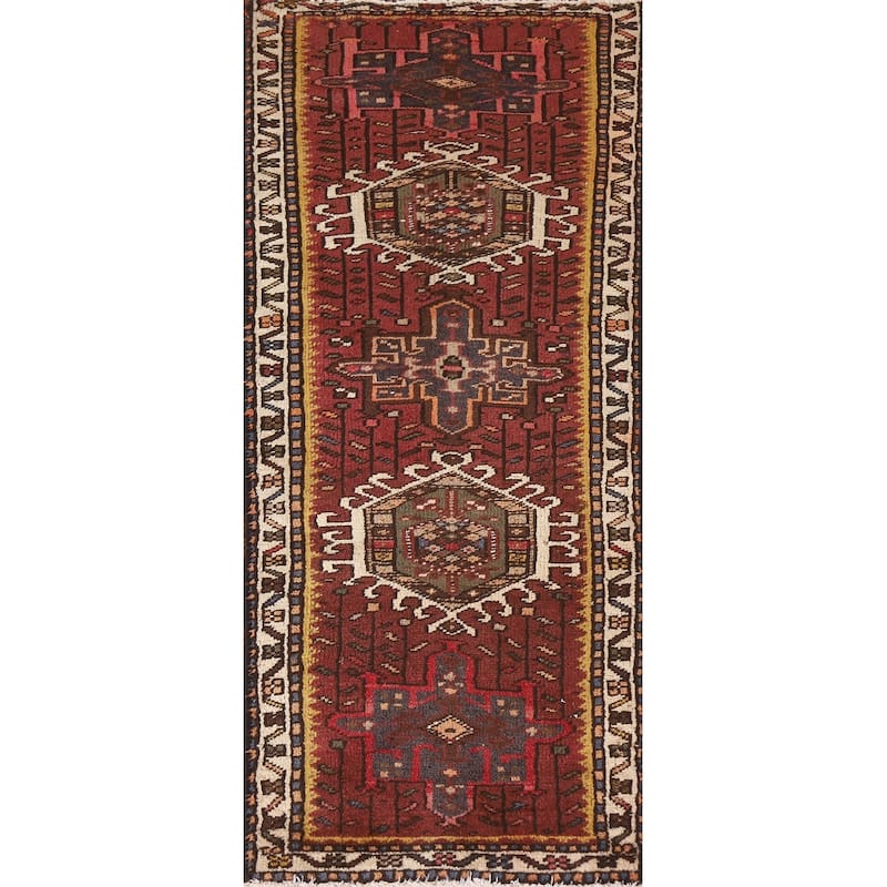 Red Gharajeh Persian Vintage Runner Rug Handmade Wool Carpet - 1'11"x 4'11"