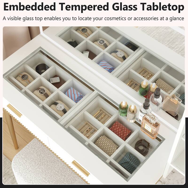 Modern Fluted Makeup Vanity Desk with Lighted Mirror, Dressing Table