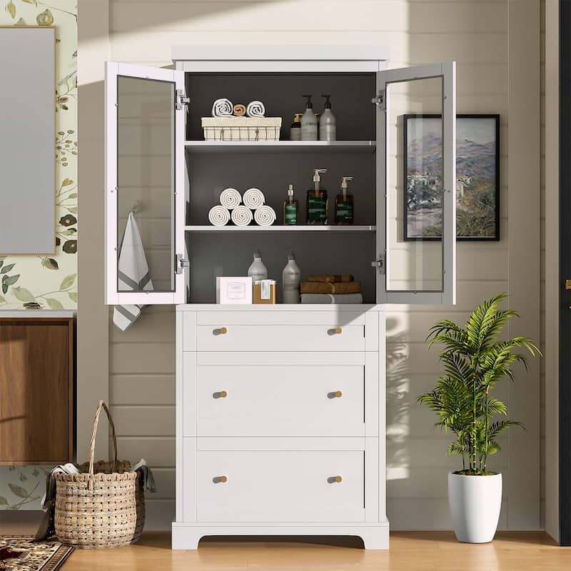 Freestanding Tall Bathroom Cabinet with 2 Adjustable Shelves,3 Drawers,Soft Close Glass Doors