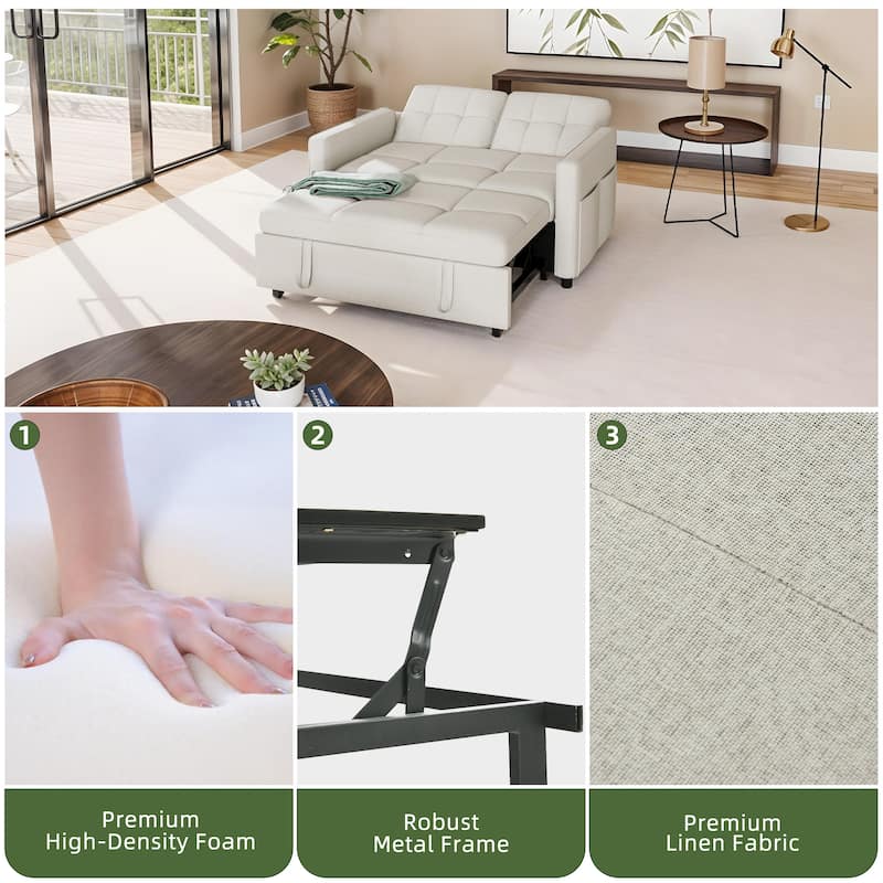3-in-1 Sleeper Sofa with Iron Frame Pull-Out Bed, Linen Futon Couch with Reclining Backrest and Side Pocket
