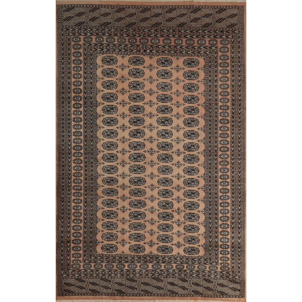 Hand Knotted Oriental 100% Wool Carpet Traditional Geometric Peach Bokhara Area Rug - 9' 1'' X 6' 0''