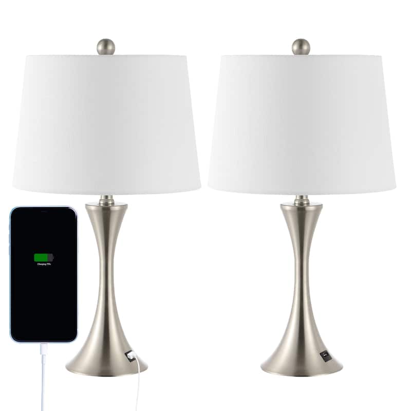 Makena 22.75" Modern Glam Iron Hourglass LED Table Lamp with USB Charging Port, (Set of 2) by JONATHAN Y