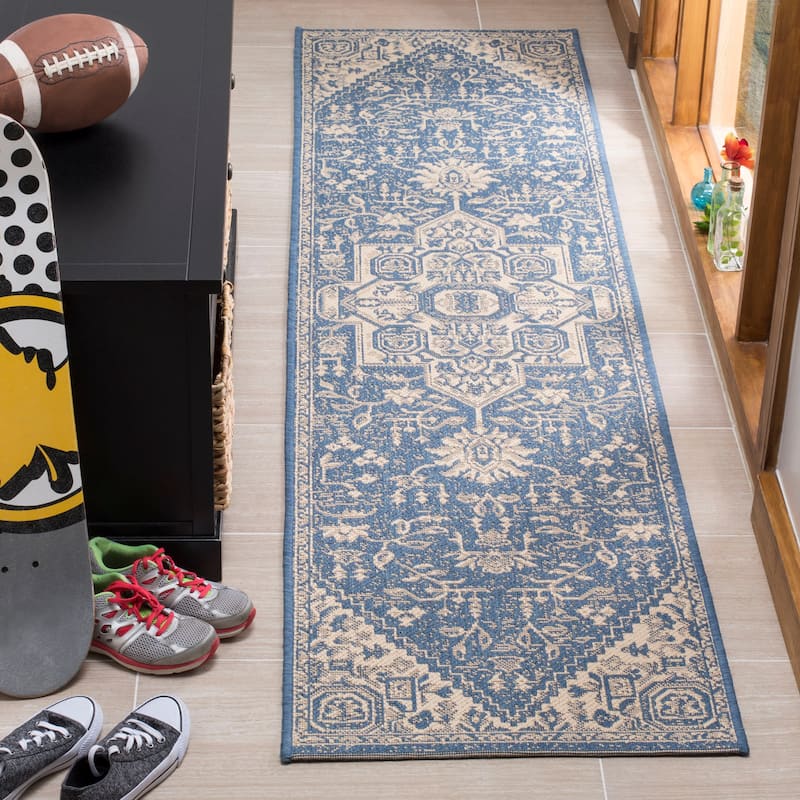 SAFAVIEH Linden Ludmyla Indoor/ Outdoor Waterproof Patio Backyard Rug - 2'2" x 8' Runner - Cream/Blue