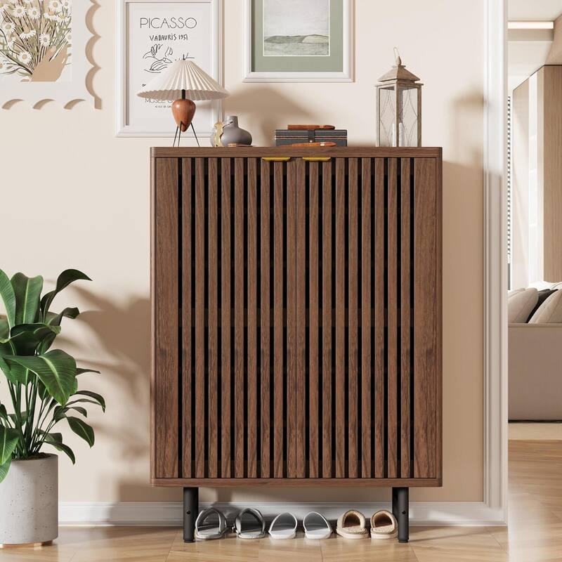 6-Tier Farmhouse Rattan Shoe Storage Cabinet for Entryway Foyer Hallway - Brown