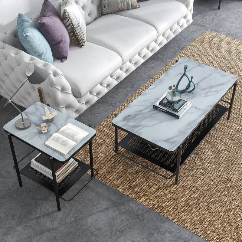 Puetz Contemporary Black Glass Top 2-Piece Coffee Table Set by Furniture of America