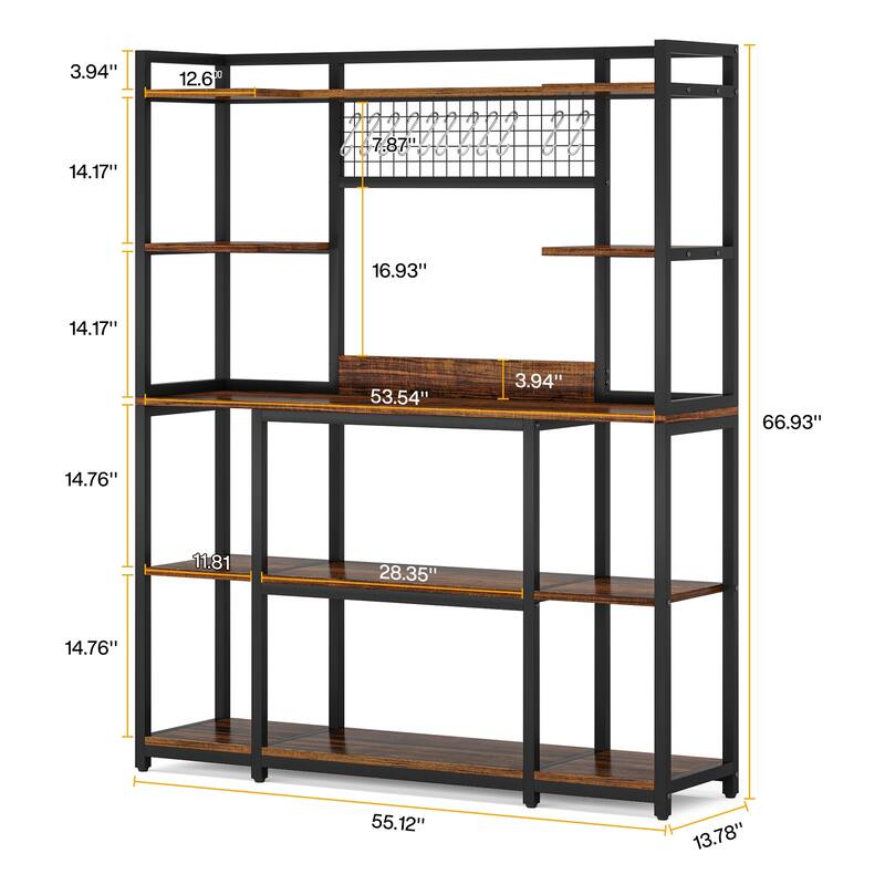 5-Tier Large Kitchen Bakers Rack, 55" Storage Shelf with 11 Hooks