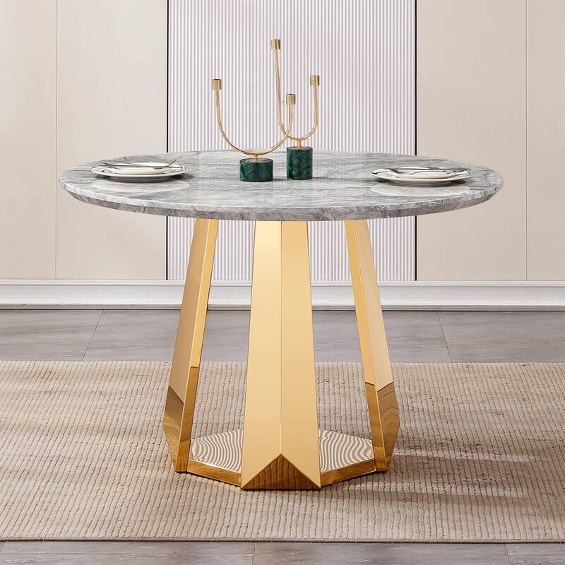 47" Round Dining Table with Faux Marble Tabletop and Stainless Steel Base - Grey+Gold