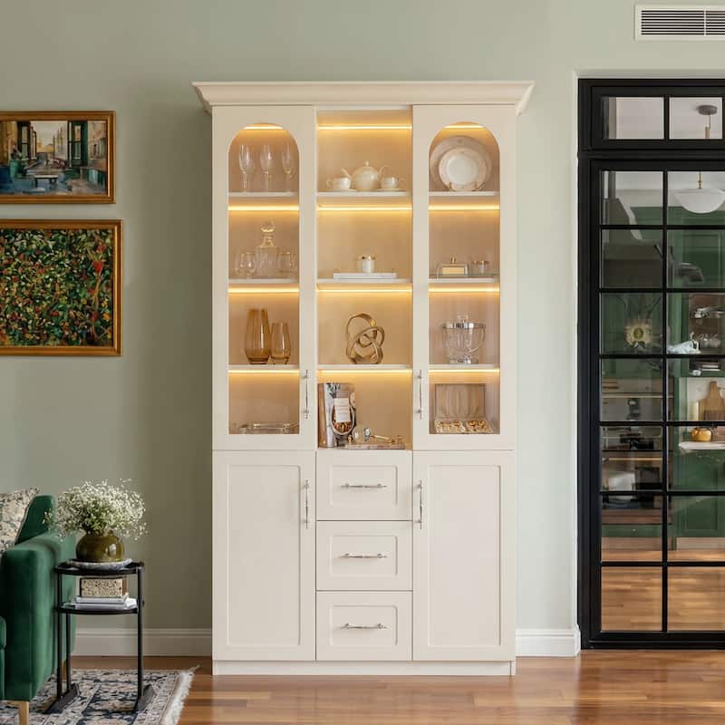 Modular Bookcase with LED Lights, Glass Door Storage Cabinet with Drawers, Large Display Shelving Unit Sideboard