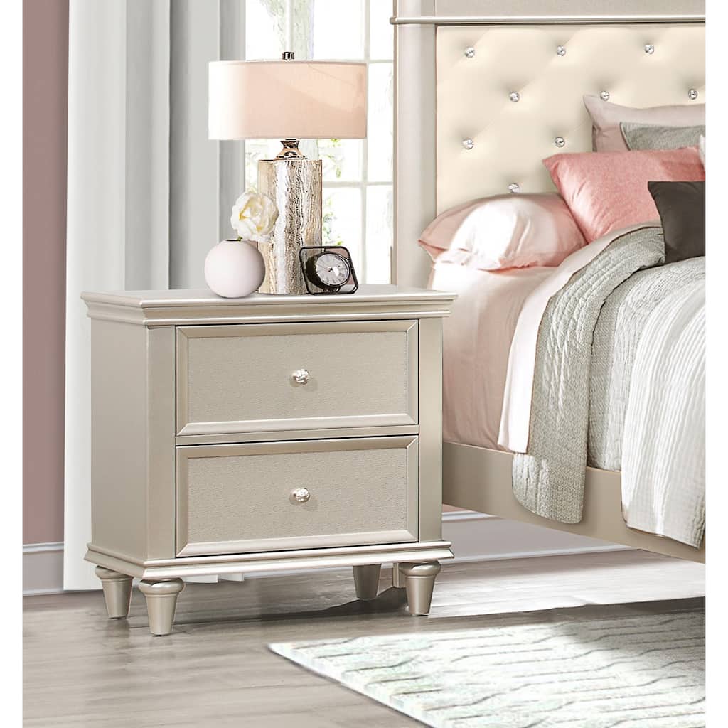 Silver Nightstand, Textural Drawer Fronts, Polished Knobs, Modern Traditional Design