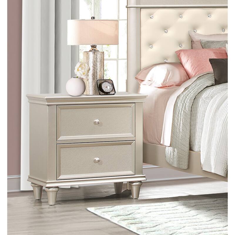Silver Nightstand, Textural Drawer Fronts, Polished Knobs, Modern Traditional Design
