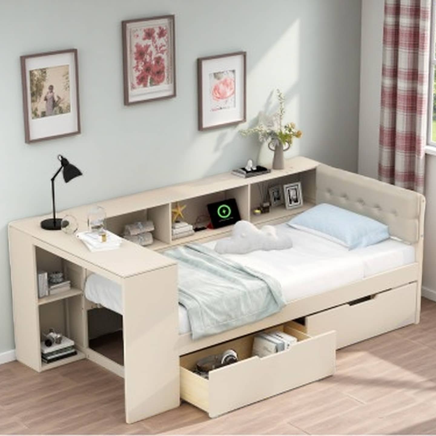 Platform Bed with Upholstered Headboard, Built-In Storage Drawers & Shelves, USB Charging Station, Solid Wood & MDF Construction