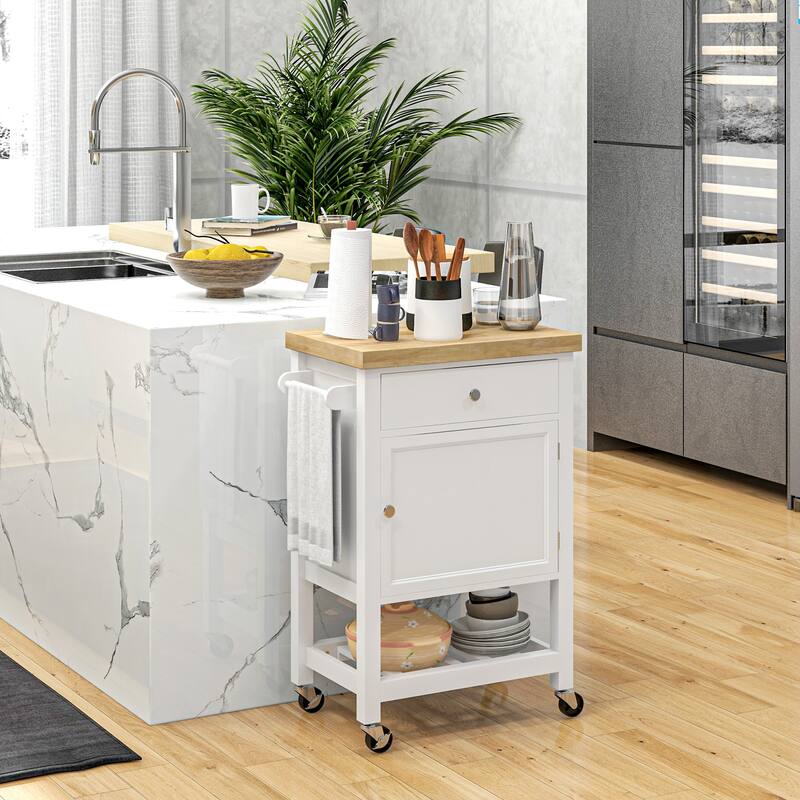 Utility Kitchen cart, Rolling Kitchen Island with Smooth Rubberwood Top, Narrow Butcher Block Surface on Wheels