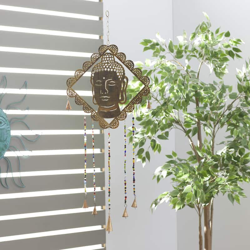 Metal Buddha Windchime with Glass Beads and Cone Bells - Gold - Roche River Decor