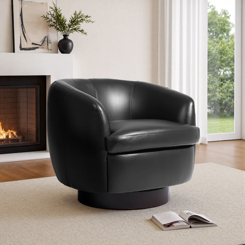 Leather Upholstered Swivel Barrel Accent Chair With Wood Base - Black