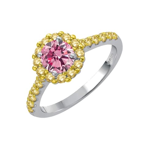 Sterling Silver with Pink Moissanite and Yellow Sapphire Halo Ring