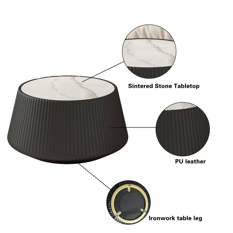 Modern Coffee Table with Sintered Stone Top, Accent Coffee Table for Living Room, Cup-Shaped End Table with Faux Leather Frame