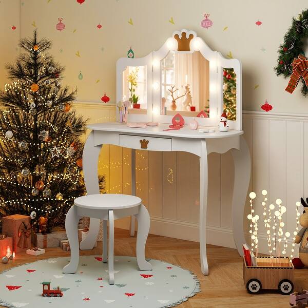 slide 2 of 9, White Vanity Set with Tri-fold Lighted Mirror Detachable Top and Stool for Kids - 23.5" x 16" x 42" Kids