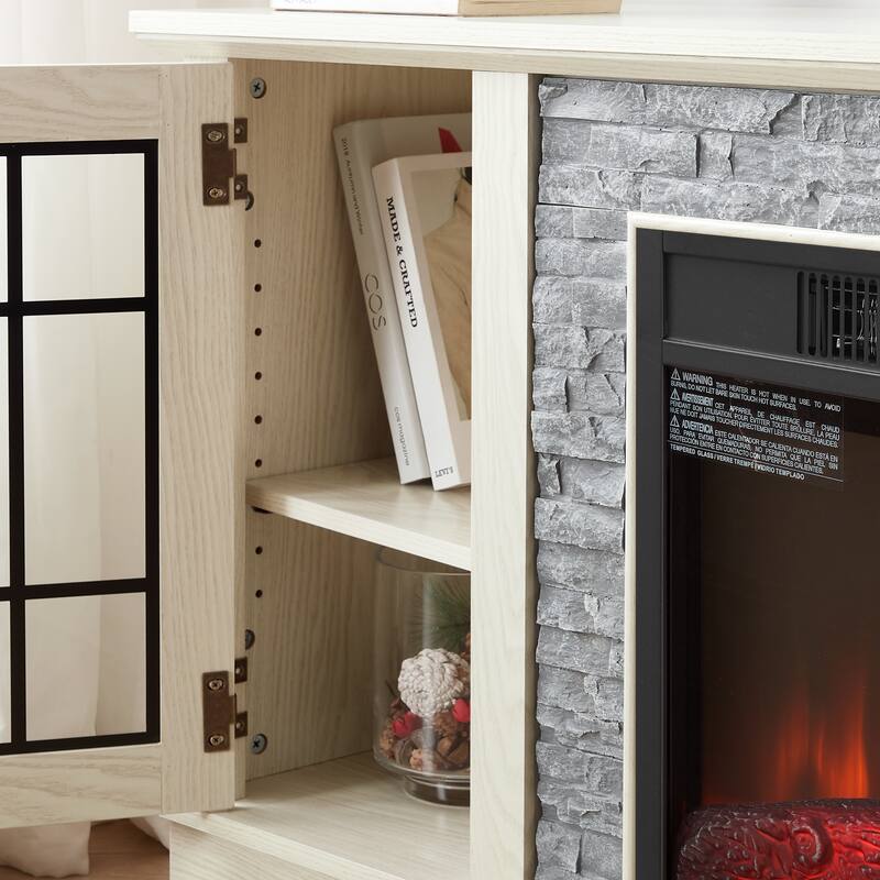 Modern TV Stand, Media Console Cabinet with 2 Glass Door and 18" Electric Fireplace, Faux Stone Entertainment Center