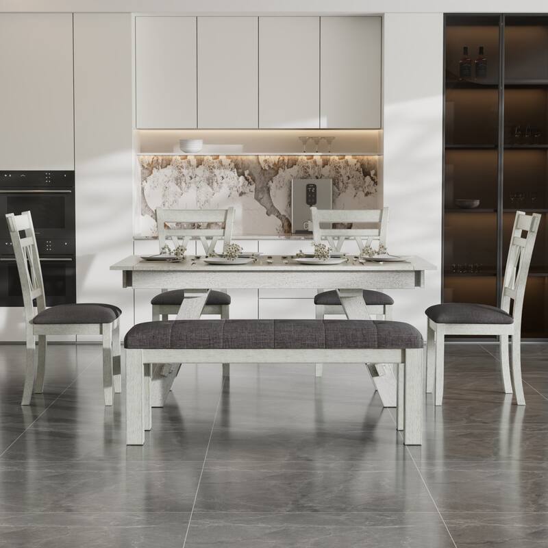 Javlergo Dining Table Set with Bench, Solid Wood Rectangular Extendable Dining Table and Chairs Set for 6-8