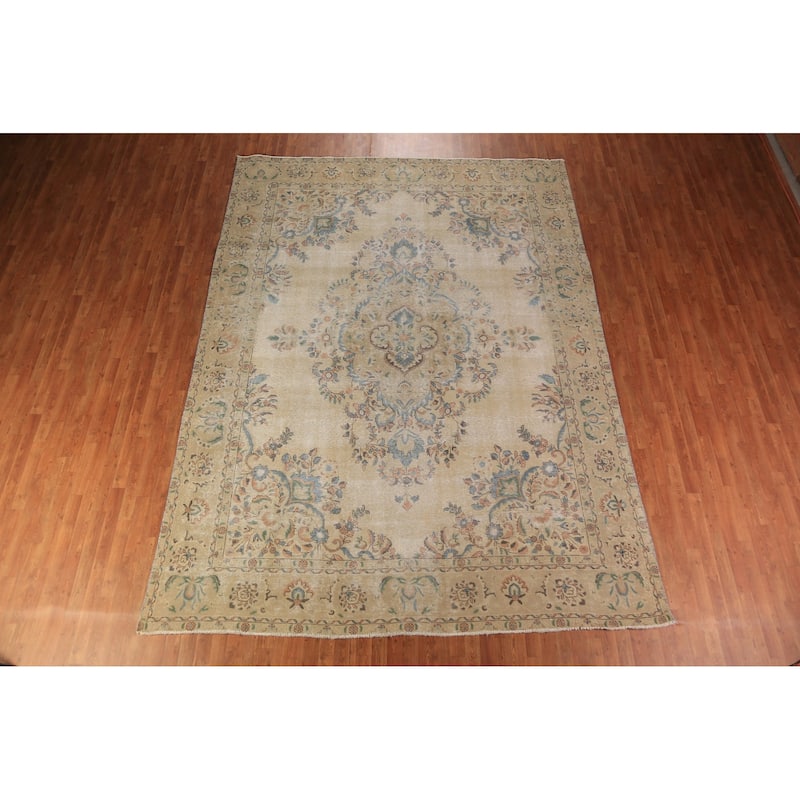 Floral Tabriz Persian Area Rug Beige Bedroom Handmade Wool Carpet - 9'6"x 12'9"