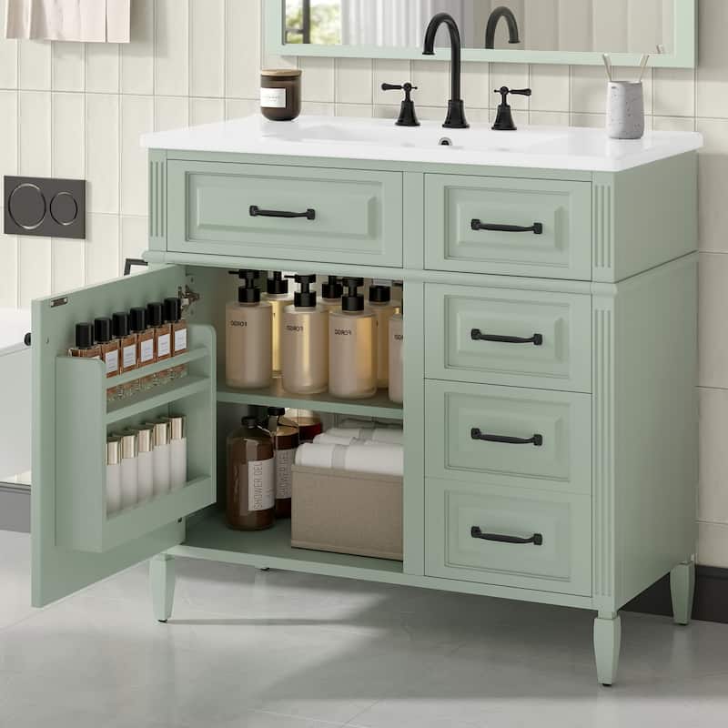 Freestanding 36 Inch Bathroom Vanity Cabinet with Ceramic Sink (Faucet Not Included) - Green - 36 Inch