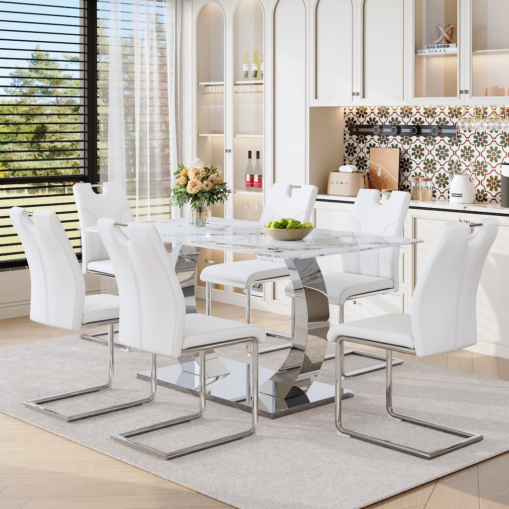 7-Piece Kitchen Table Set with Tempered Glass Rock Top, Dining Table Set with 6 Upholstered Chairs for Dining Room