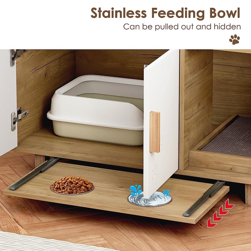 Cat litter box and feeding station outlet