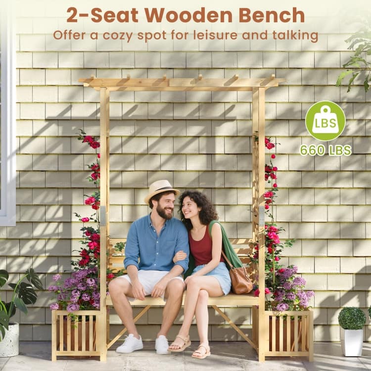 Natural Fir Wood Garden Arbor Bench with Trellis Planter Boxes - 73" x 22" x 80"