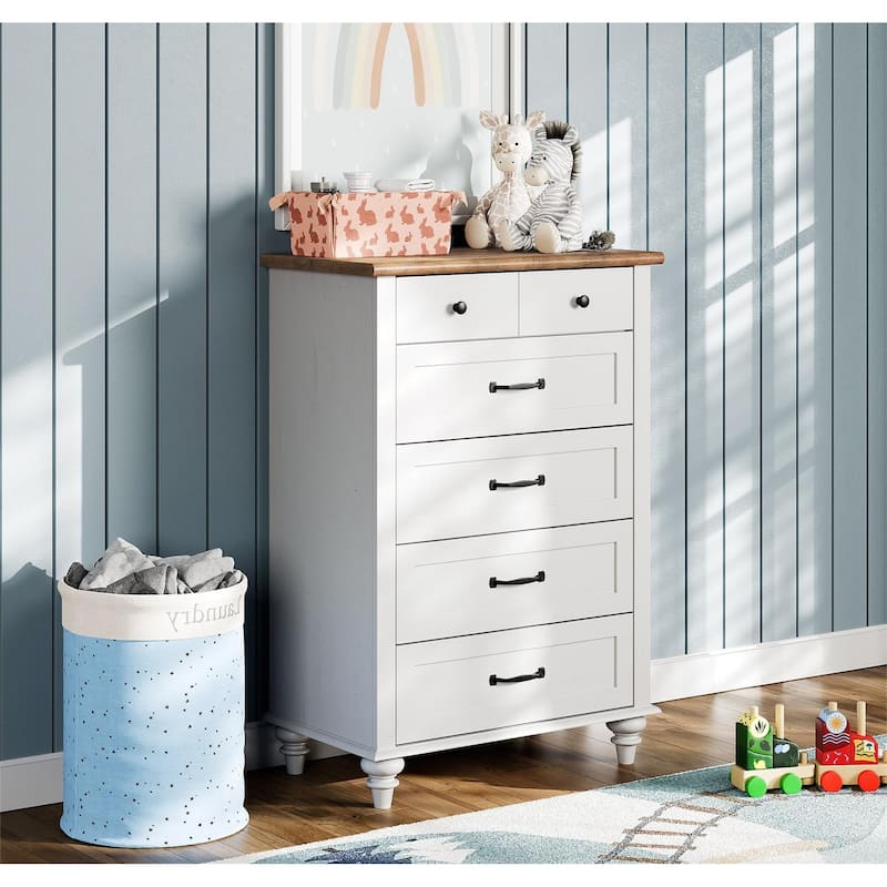 Farmhouse Baby Dresser with 5 Drawers, Wood Kid Dresser for Kids Room - White - 5-drawer