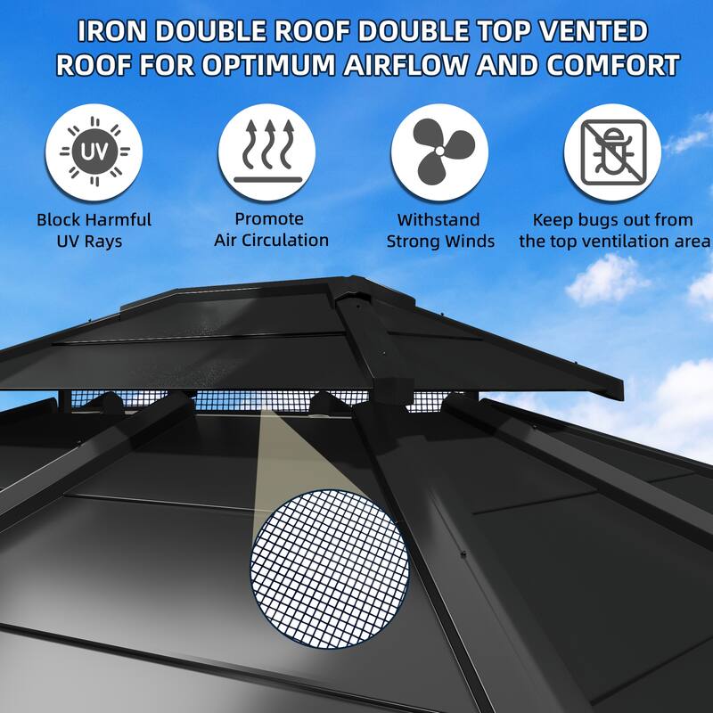 EROMMY 10' x 12' Double Metal Roof Gazebo with Anti-Rust Coating for Gardens, Lawns, Deck