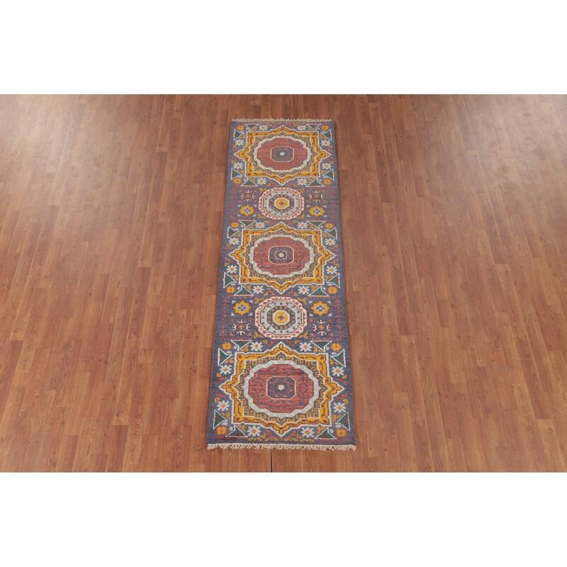 Geometric Blue Kazak Runner Rug Hand-Knotted Wool Carpet - 2'7"x 7'11"