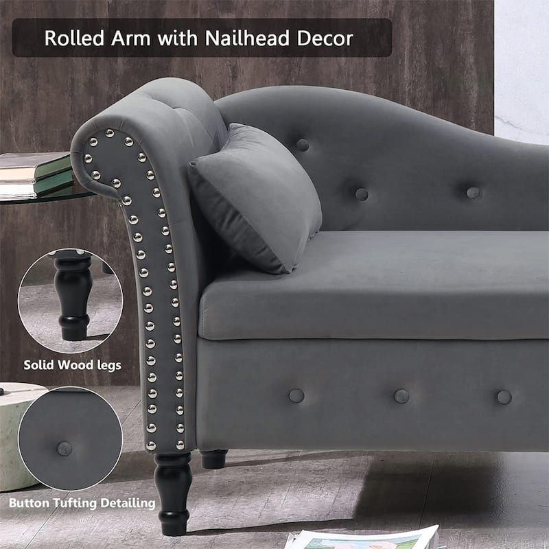 60"W Velvet Tufted Chaise Lounge, Storage Chaise Sofa, Solid Wood Leg - 25"D x 60"W x 27"H